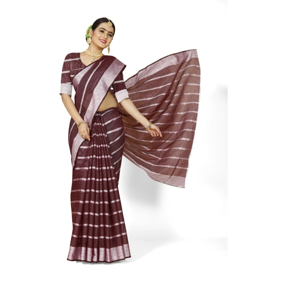 Generic Women's Cotton Silk Striped Saree With Unstitched Blouse 5.5Mtr (Maroon) - Image 3