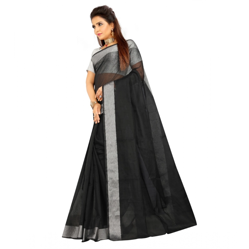 Generic Women's Cotton Silk Self Design Saree With Unstitched Blouse 5.5Mtr (Black) - Image 2
