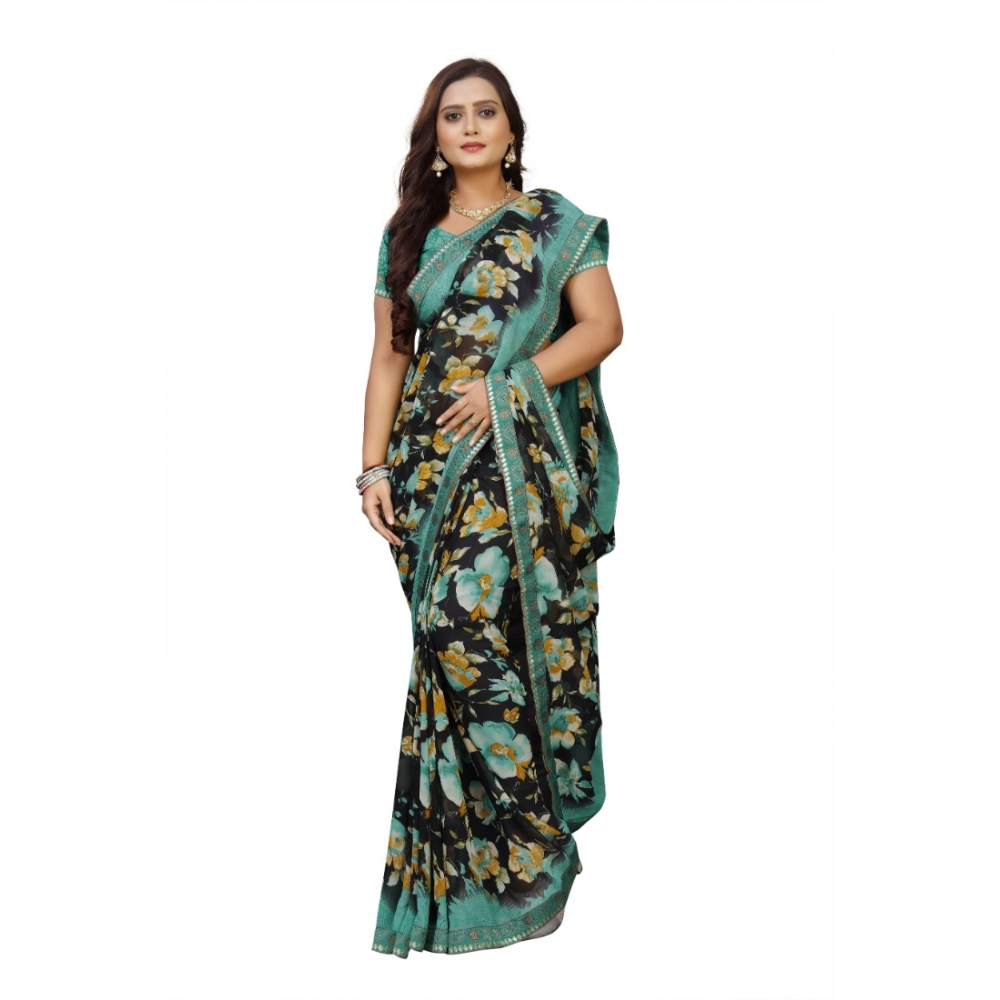 Generic Women's Georgette Floral Print Saree With Unstitched Blouse 5.5Mtr (Blue-Black) - Image 4