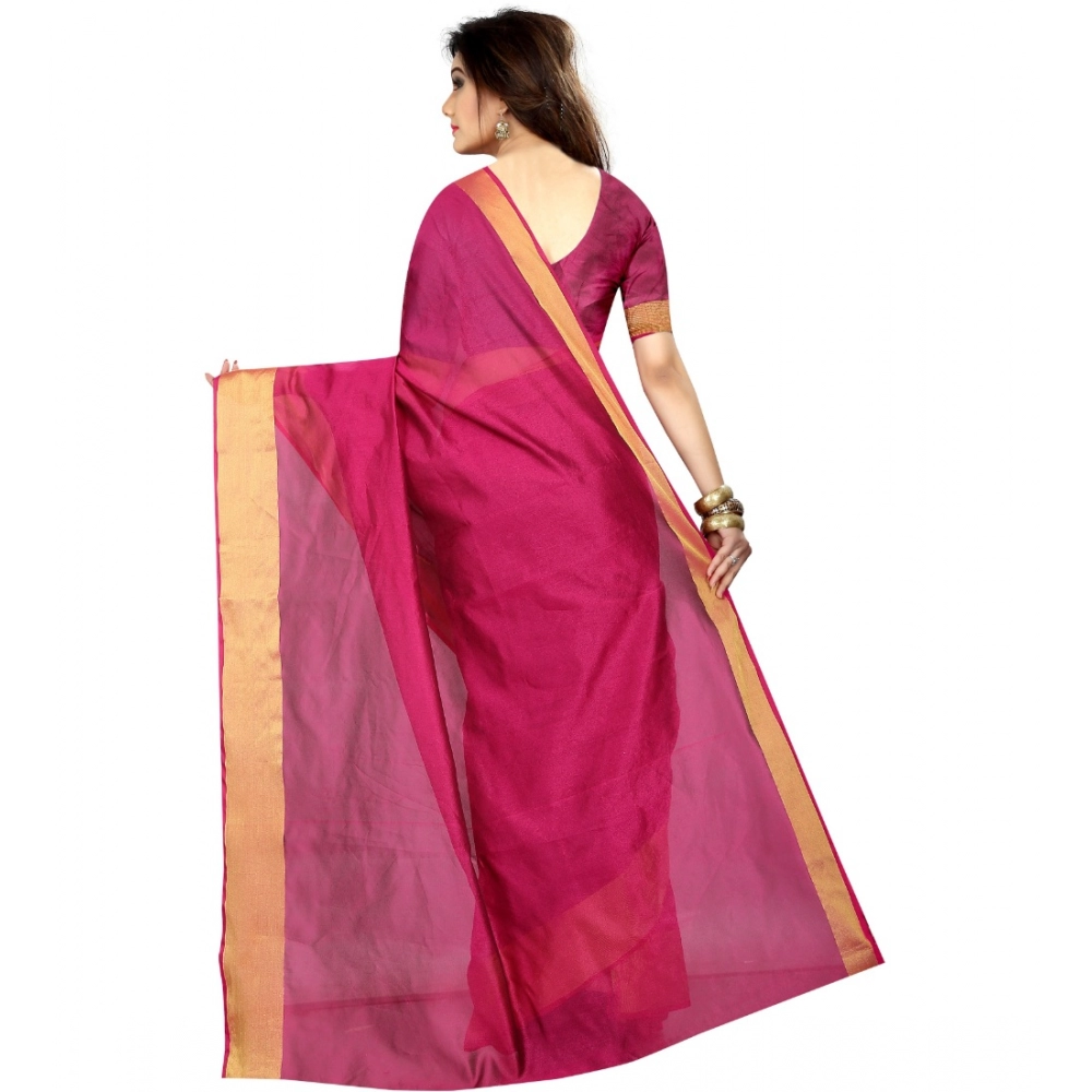 Generic Women's Cotton Silk Solid/Plain Saree With Unstitched Blouse 5.5Mtr (Pink) - Image 2