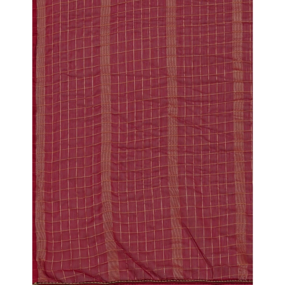 Generic Women's Silk Blend Checkered Saree With Unstitched Blouse 5.5Mtr (Red) - Image 2
