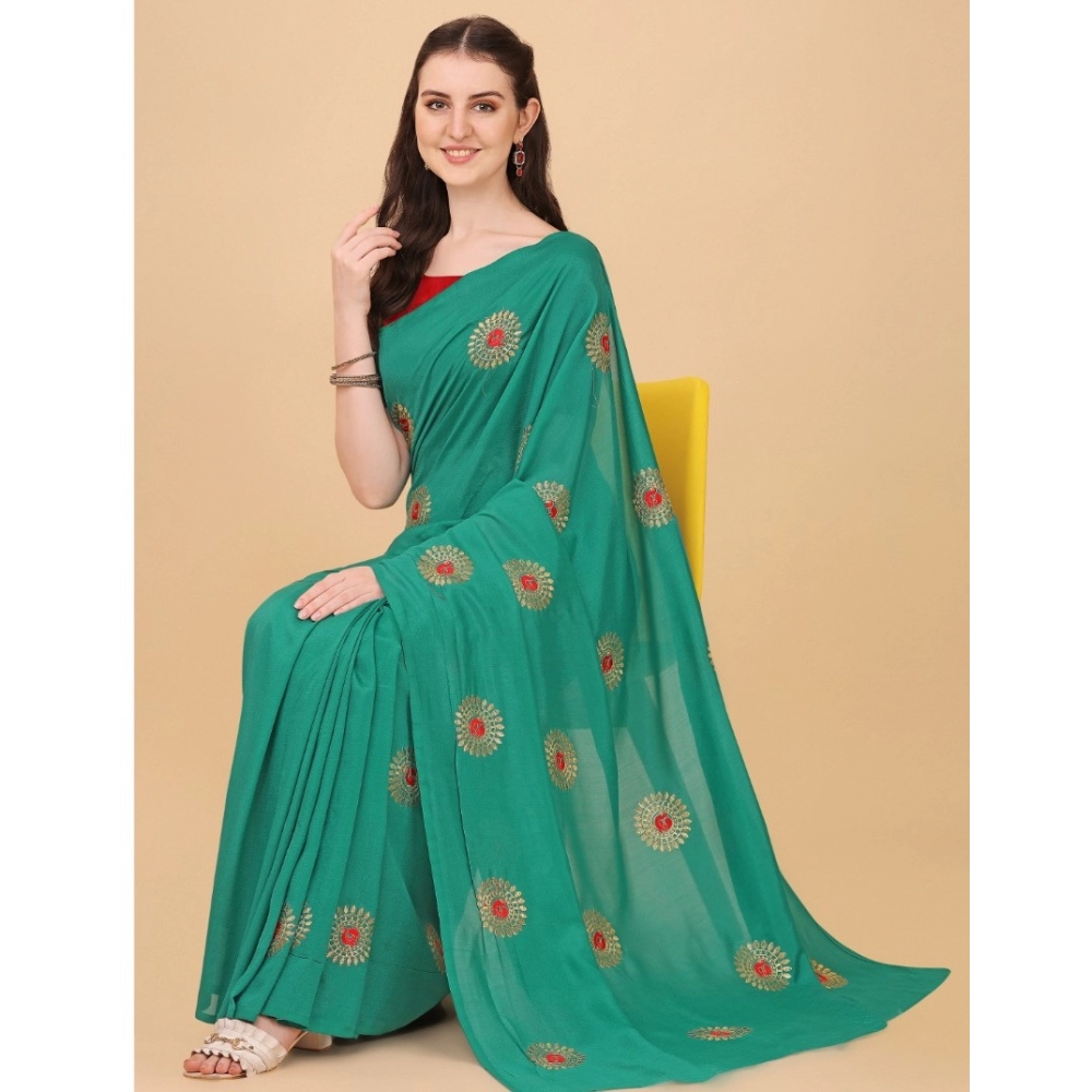 Generic Women's Silk Blend Embroidered Saree With Unstitched Blouse 5.5Mtr (Green) - Image 4