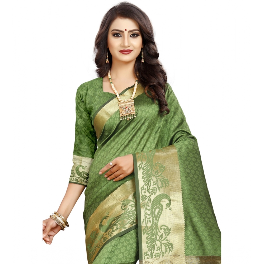 Generic Women's Jacquard Woven Saree With Unstitched Blouse 5.5Mtr (Green) - Image 2
