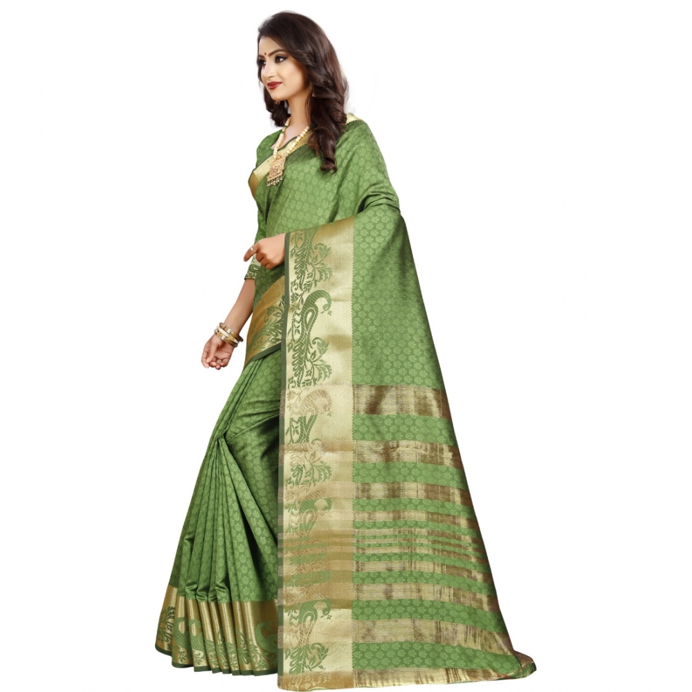 Generic Women's Jacquard Woven Saree With Unstitched Blouse 5.5Mtr (Green) - Image 3