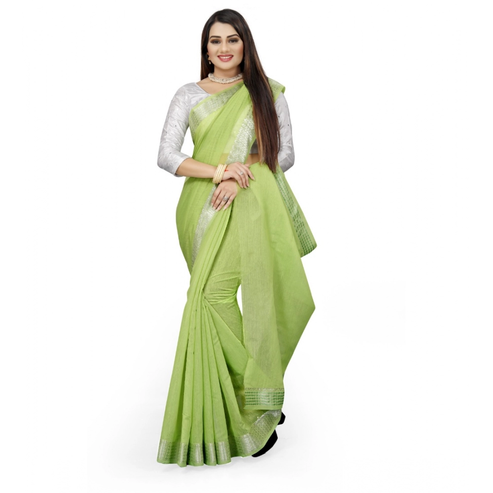 Generic Women's Cotton Silk Self Design Saree With Unstitched Blouse 5.5Mtr (Green) - Image 3