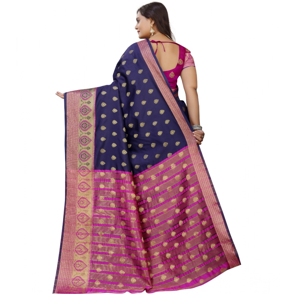 Generic Women's Silk Blend Woven Saree With Unstitched Blouse 5.5Mtr (Dark Blue-Pink) - Image 3