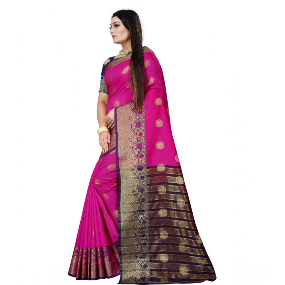 Generic Women's Silk Blend Woven Saree With Unstitched Blouse 5.5Mtr (Blue-Pink) - Image 2
