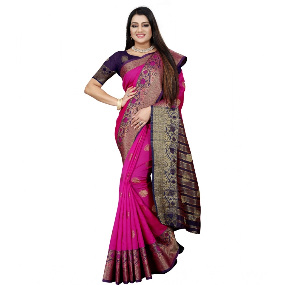 Generic Women's Silk Blend Woven Saree With Unstitched Blouse 5.5Mtr (Blue-Pink) - Image 3