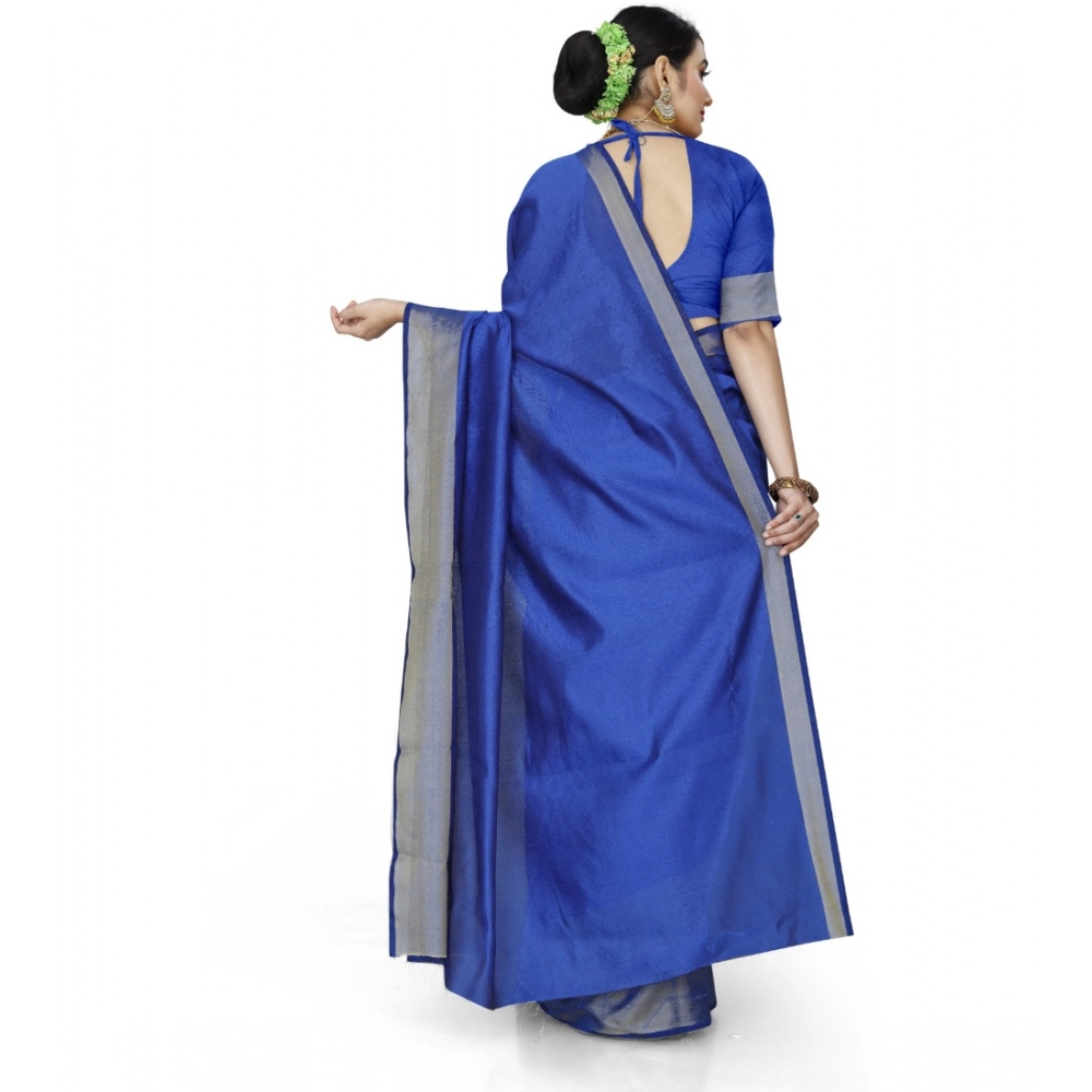 Generic Women's Cotton Silk Self Design Saree With Unstitched Blouse 5.5Mtr (Blue) - Image 4