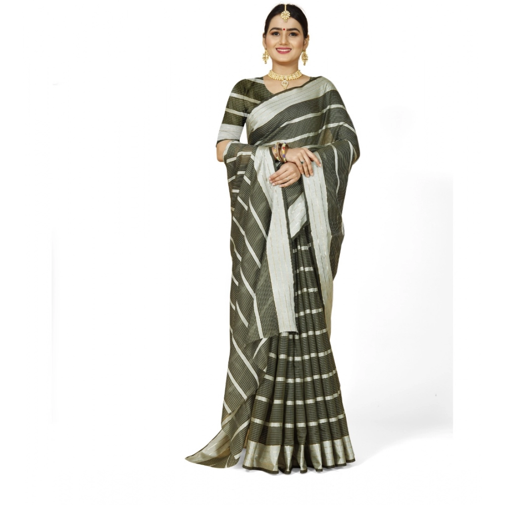 Generic Women's Cotton Silk Striped Saree With Unstitched Blouse 5.5Mtr (Green) - Image 2