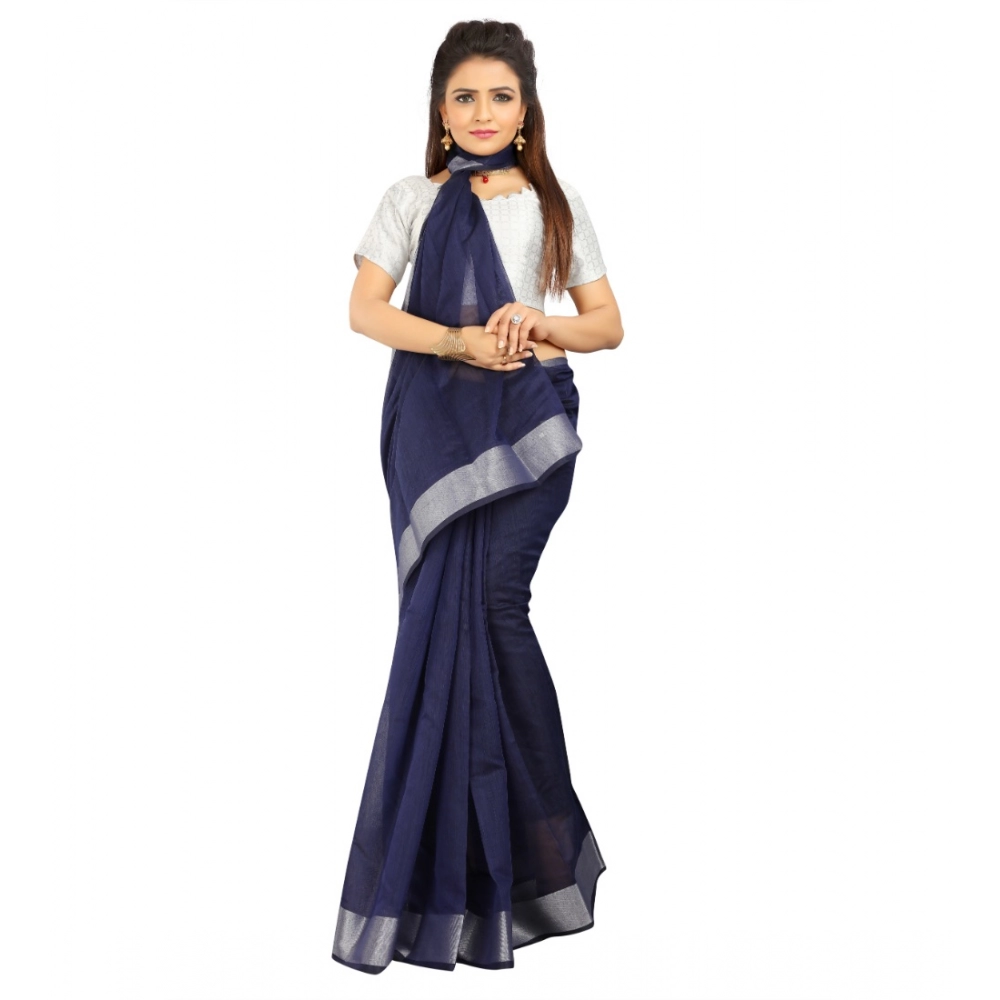 Generic Women's Cotton Silk Self Design Saree With Unstitched Blouse 5.5Mtr (Blue) - Image 3