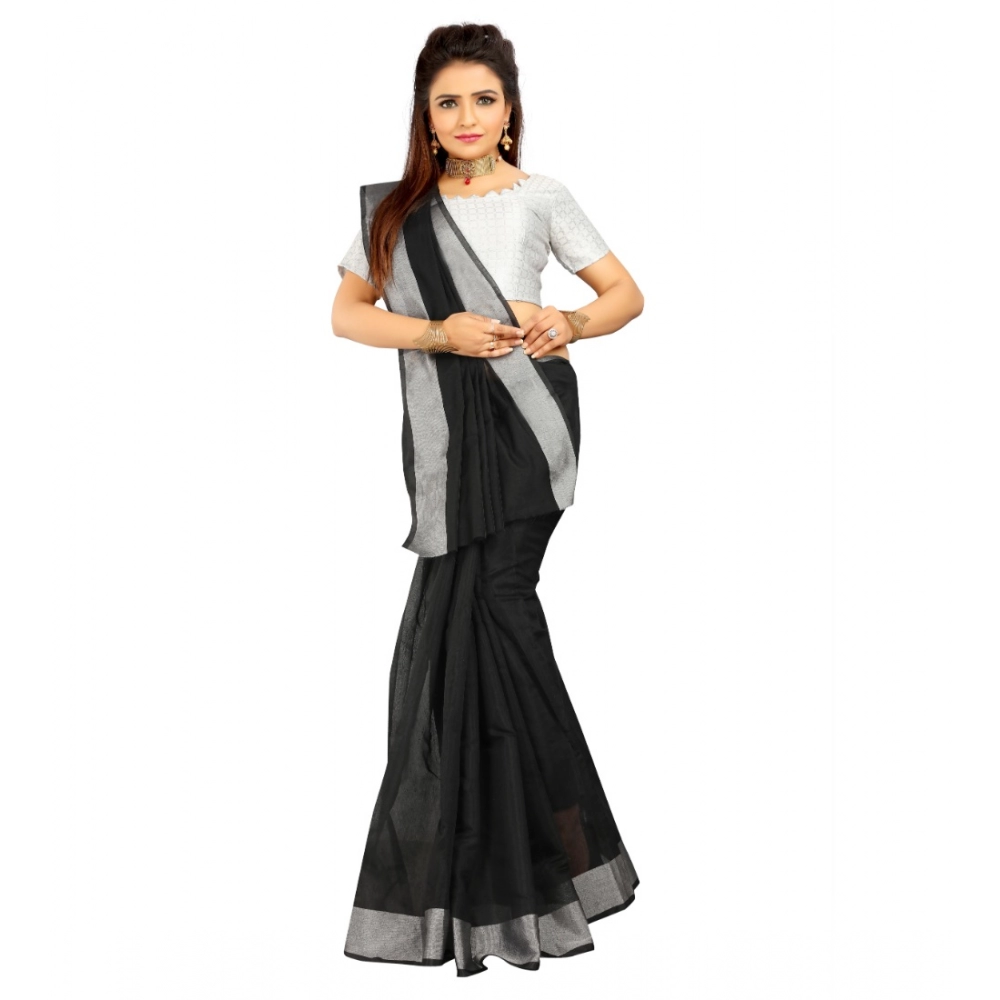 Generic Women's Cotton Silk Self Design Saree With Unstitched Blouse 5.5Mtr (Black) - Image 3