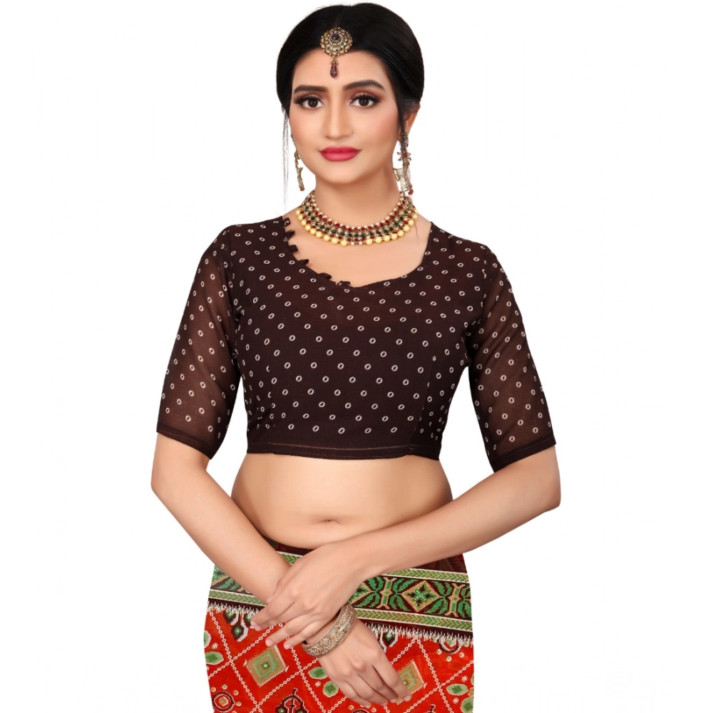 Generic Women's Georgette Floral Print Saree With Unstitched Blouse 5.5Mtr (Orange) - Image 3