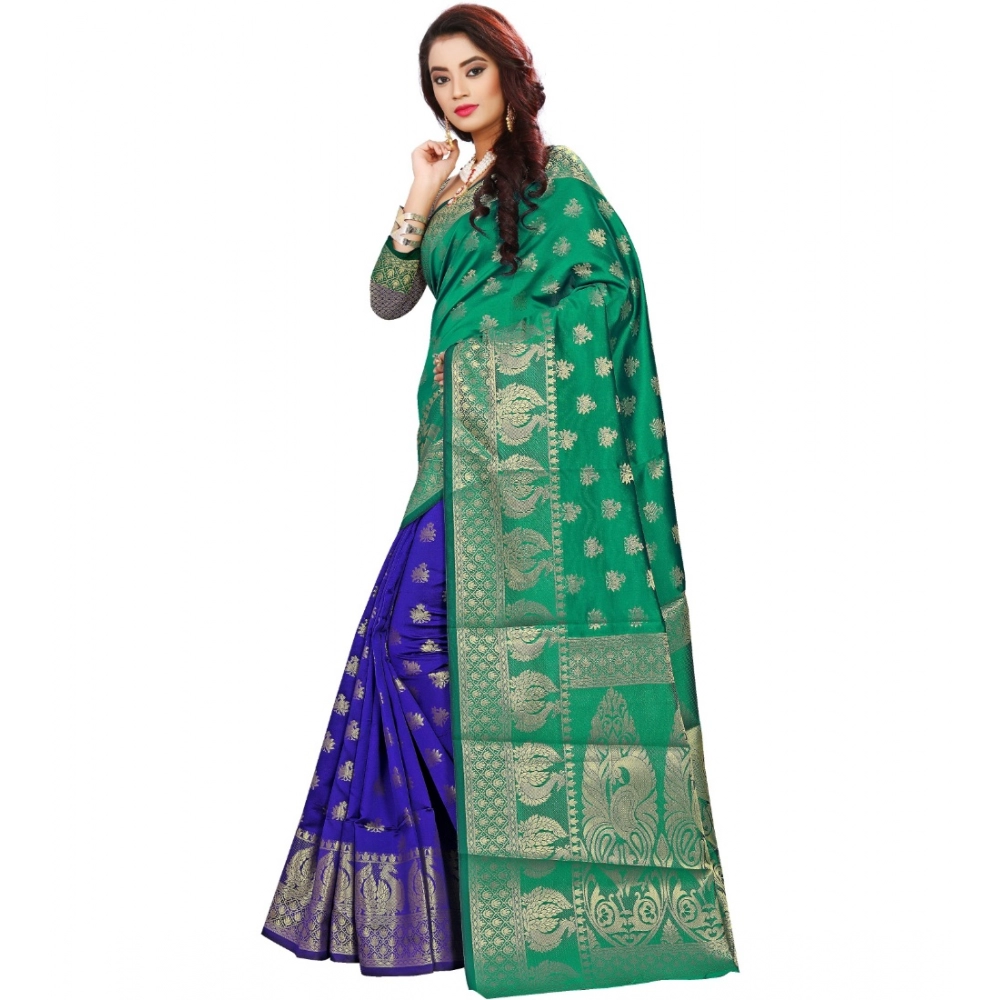 Generic Women's Jacquard Woven Saree With Unstitched Blouse 5.5Mtr (Green) - Image 3