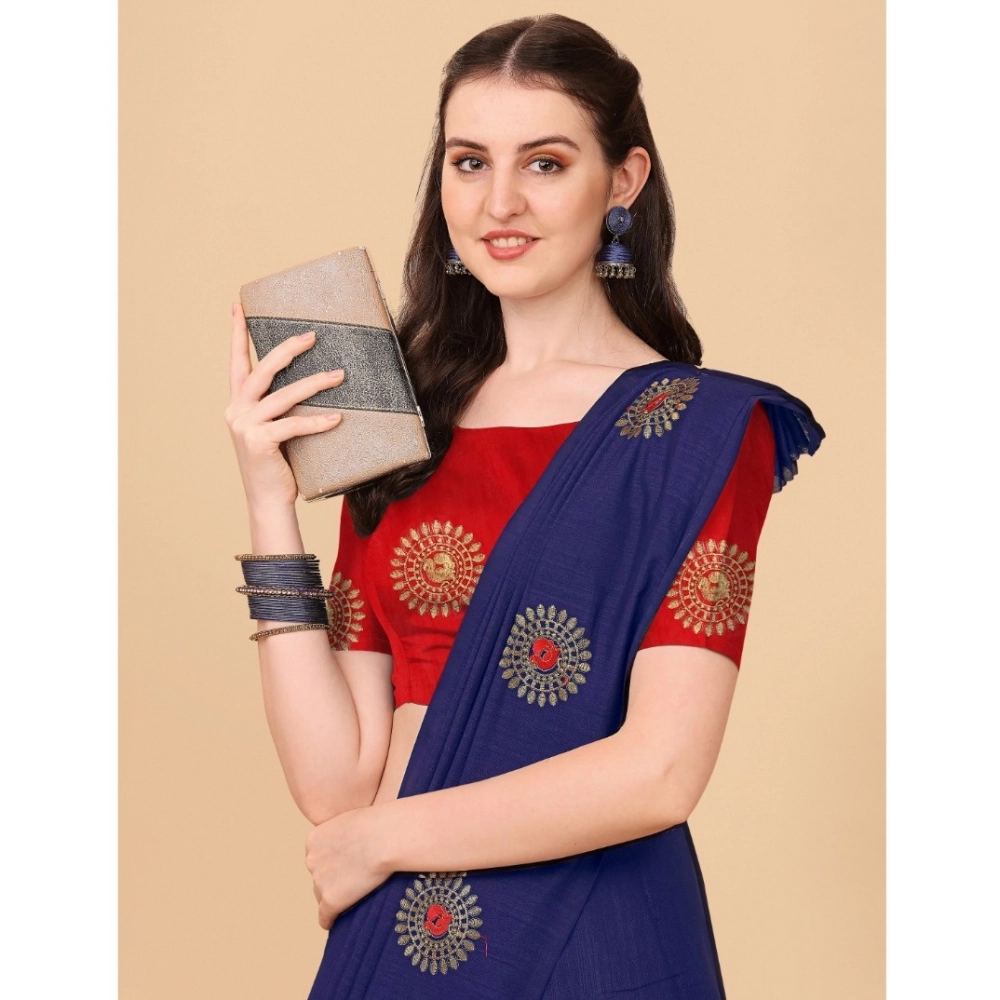 Generic Women's Silk Blend Embroidered Saree With Unstitched Blouse 5.5Mtr (Blue) - Image 4