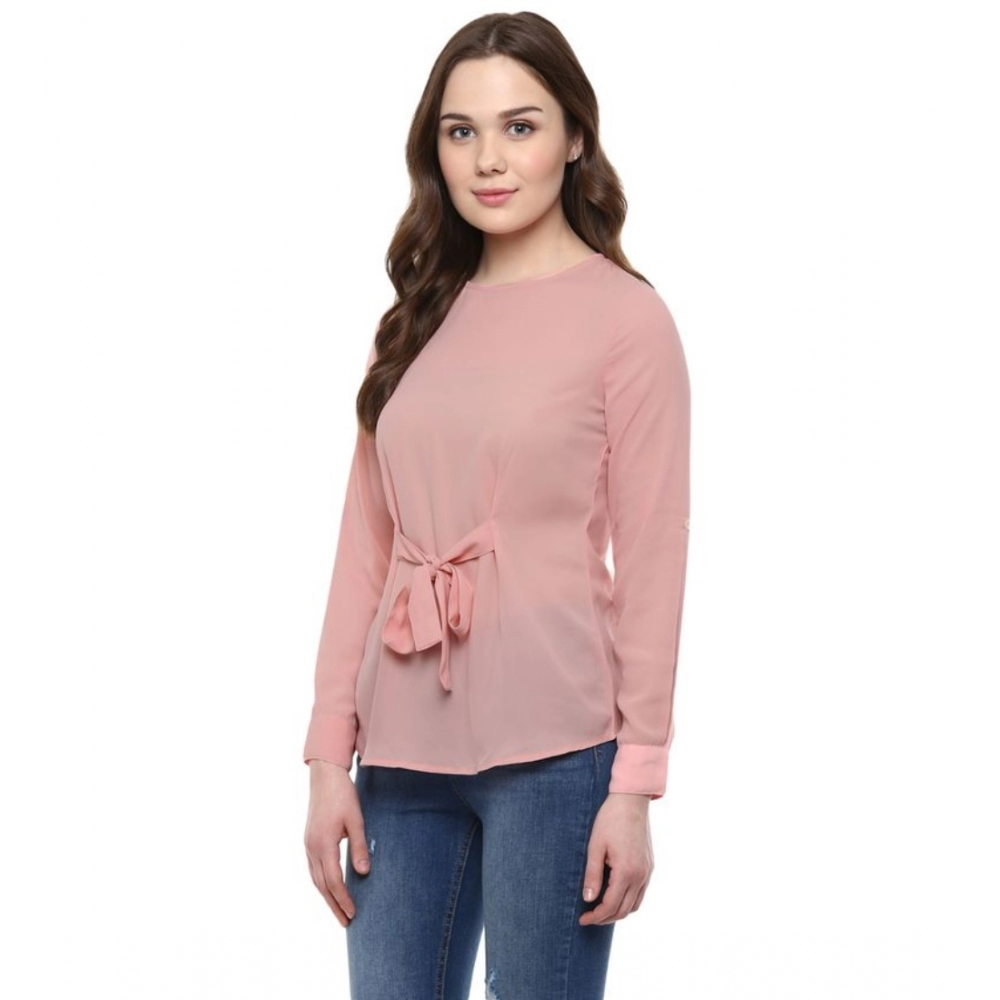Generic Women's Polyester Solid Long Sleeves Regular Top (Pink) - Image 3