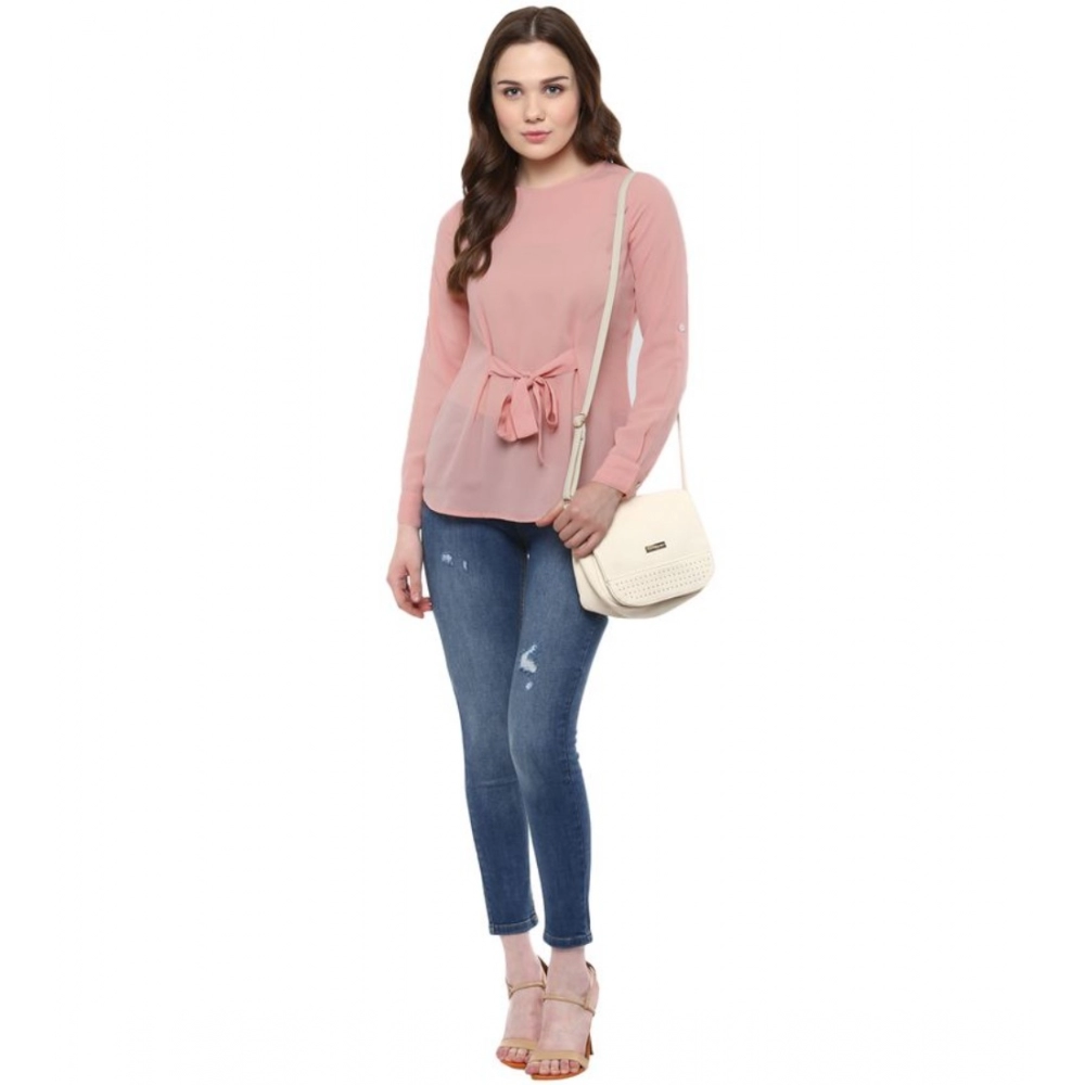 Generic Women's Polyester Solid Long Sleeves Regular Top (Pink) - Image 6