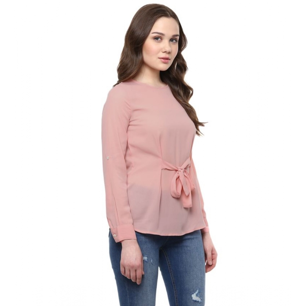Generic Women's Polyester Solid Long Sleeves Regular Top (Pink) - Image 4
