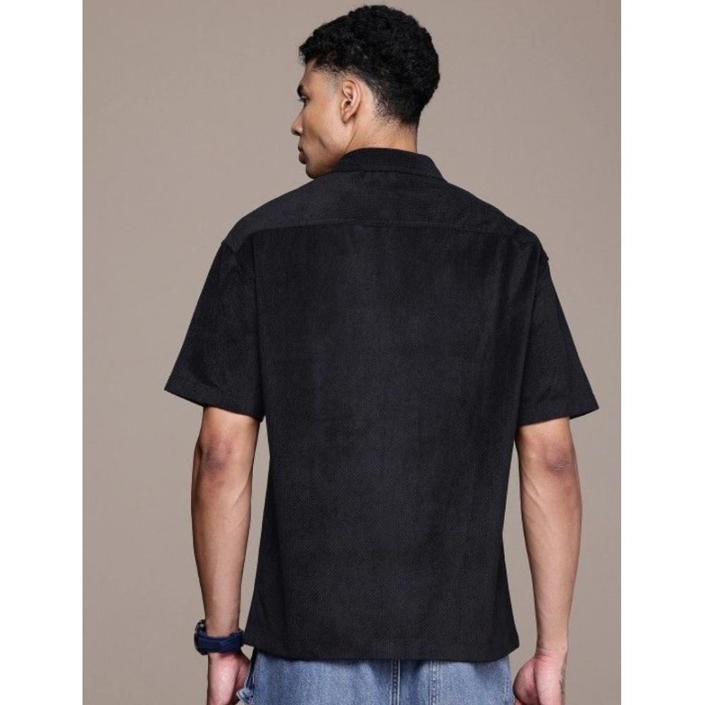 Generic Men's Cotton Blend Solid Half-Sleeve Regular Shirt (Black) - Image 3