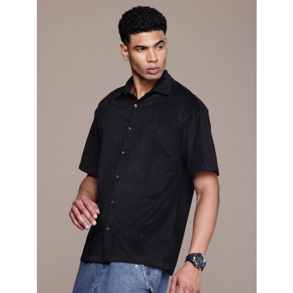 Generic Men's Cotton Blend Solid Half-Sleeve Regular Shirt (Black) - Image 4