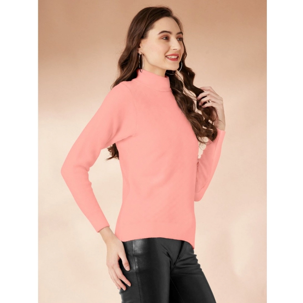 Generic Women's Polyester Solid High Neck Full Sleeve T-Shirt (Peach) - Image 2