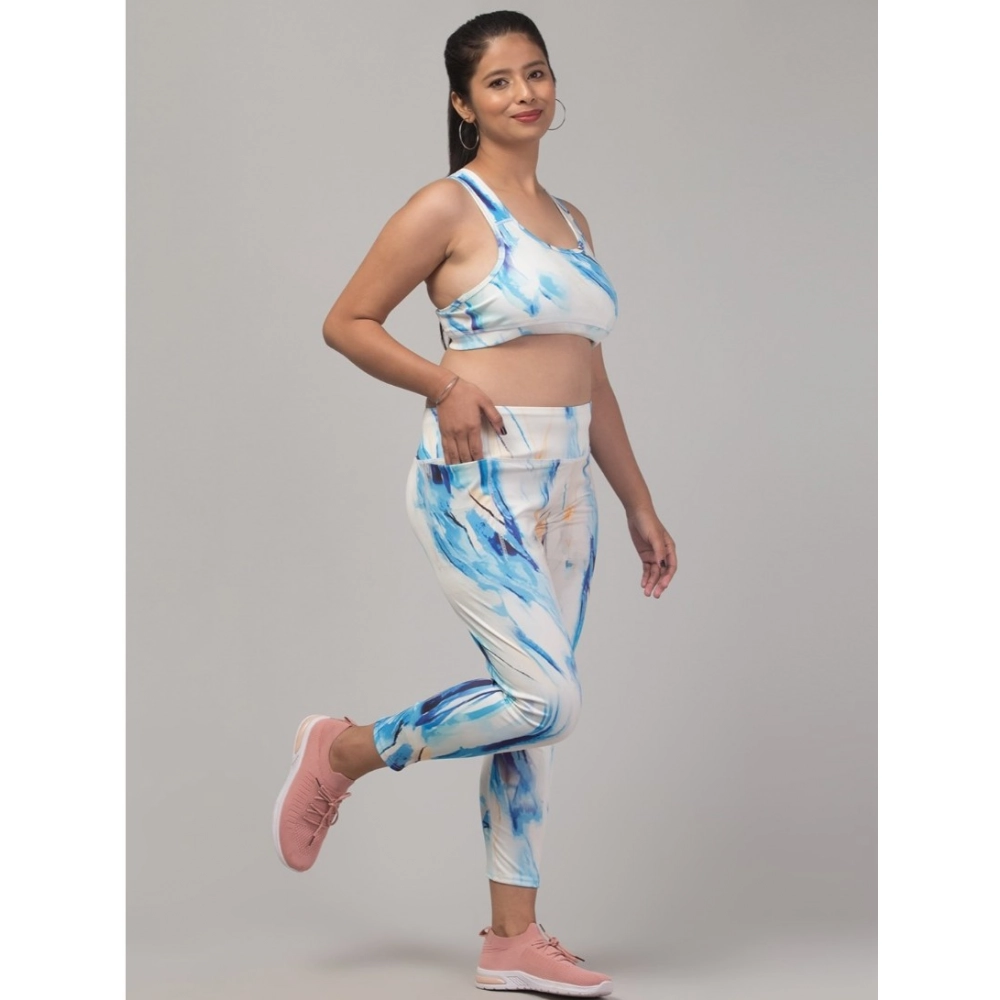 Generic Women's Polyester Spandex Printed Ankle Length High Rise Slip On Tights and Bra Set (SkyBlue) - Image 2