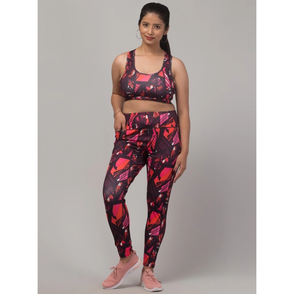 Generic Women's Polyester Spandex Printed Ankle Length High Rise Slip On Tights and Bra Set (Red)