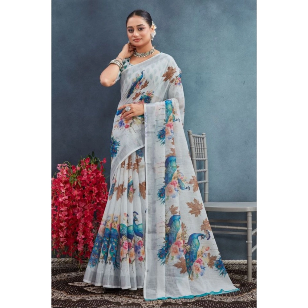 Generic Women's Linen Floral Printed Saree With Unstitched Blouse 5.5Mtr (Off-White) - Image 2