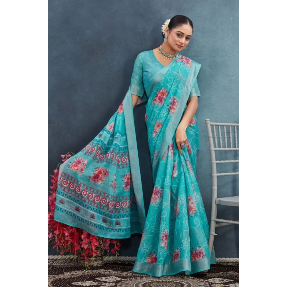 Generic Women's Linen Floral Printed Saree With Unstitched Blouse 5.5Mtr (Aqua) - Image 3