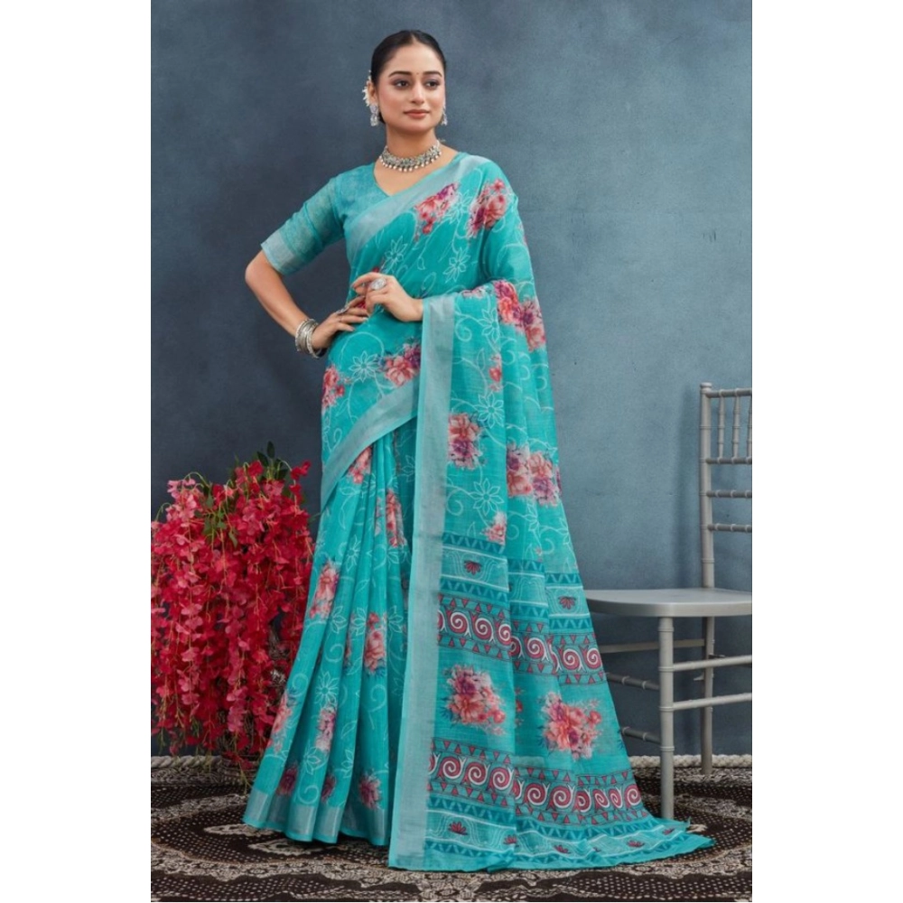 Generic Women's Linen Floral Printed Saree With Unstitched Blouse 5.5Mtr (Aqua) - Image 4