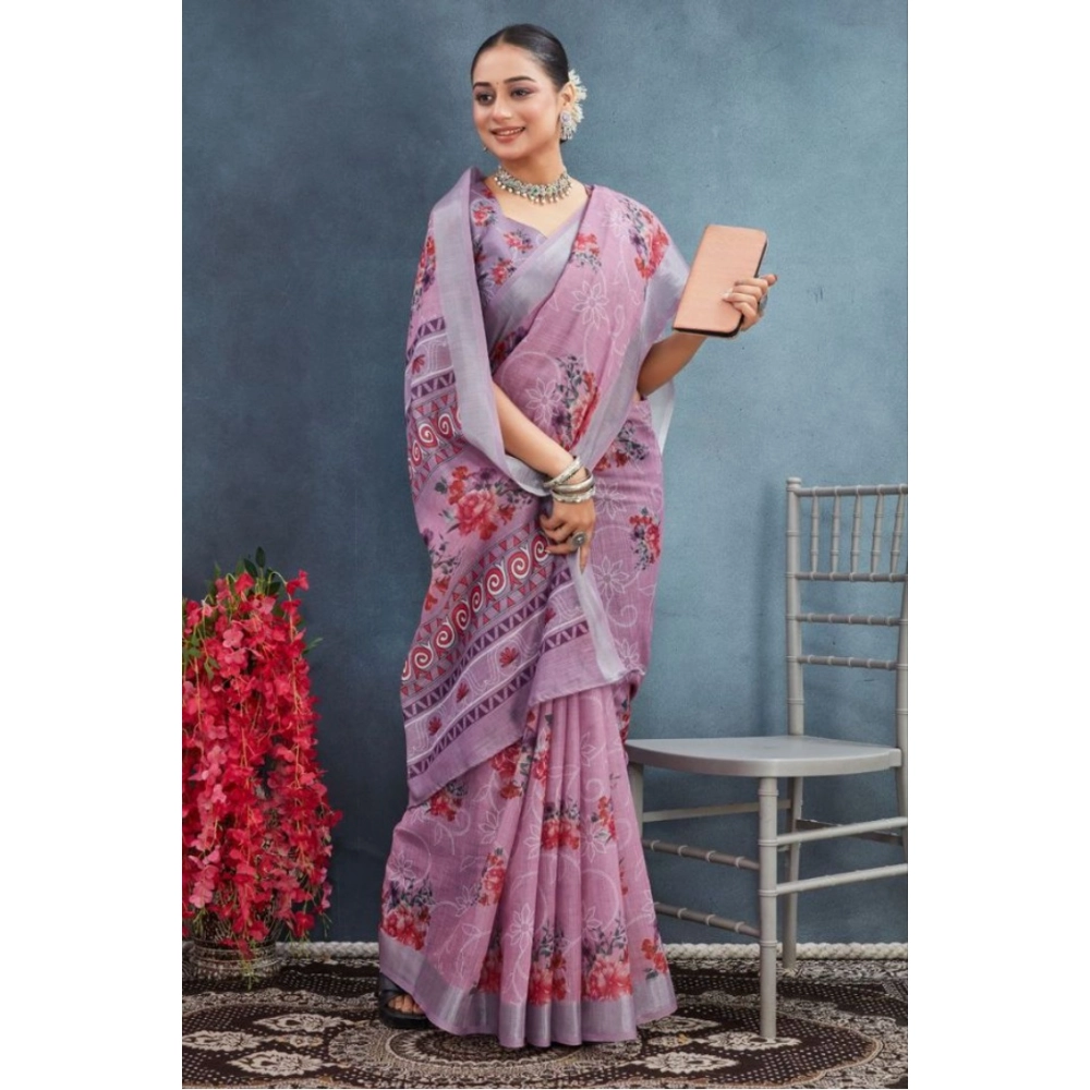 Generic Women's Linen Floral Printed Saree With Unstitched Blouse 5.5Mtr (Purple) - Image 3