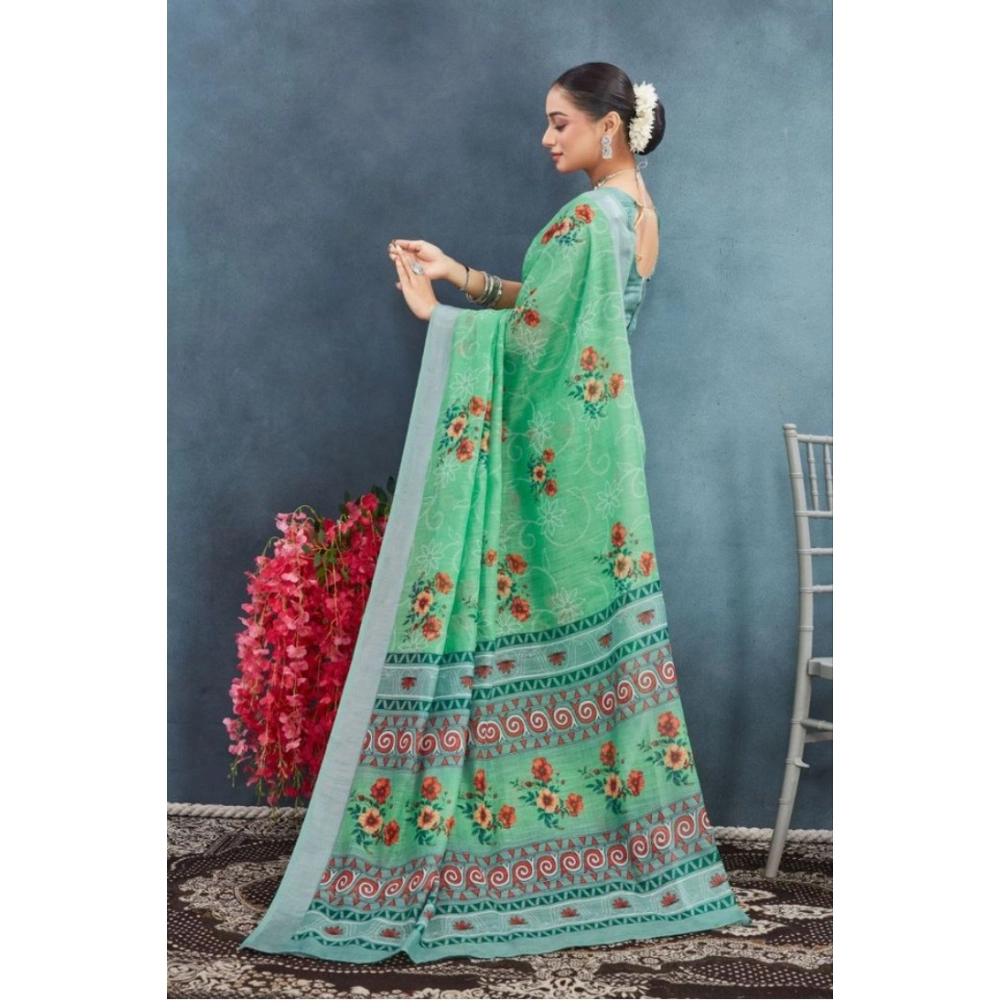 Generic Women's Linen Floral Printed Saree With Unstitched Blouse 5.5Mtr (Green) - Image 3