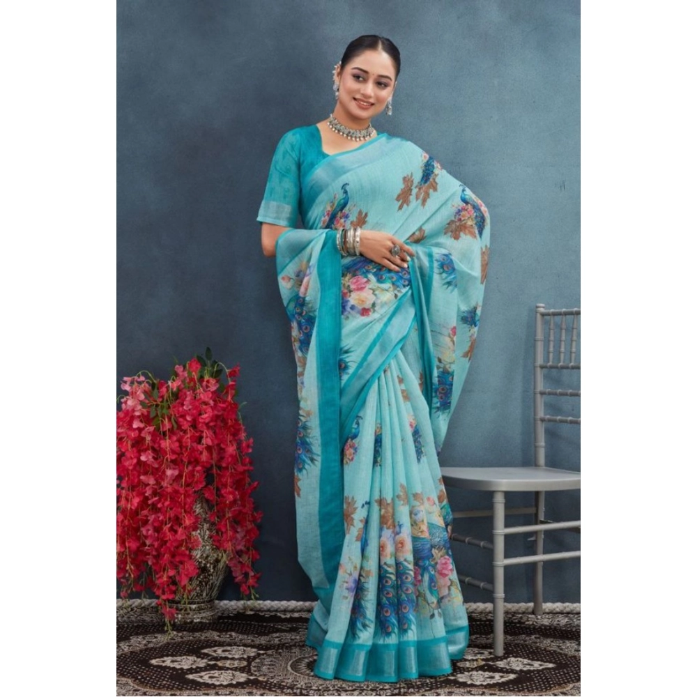 Generic Women's Linen Floral Printed Saree With Unstitched Blouse 5.5Mtr (Aqua) - Image 2
