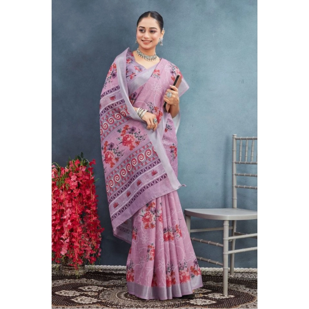 Generic Women's Linen Floral Printed Saree With Unstitched Blouse 5.5Mtr (Purple) - Image 4