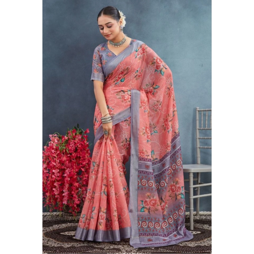 Generic Women's Linen Floral Printed Saree With Unstitched Blouse 5.5Mtr (Peach) - Image 4