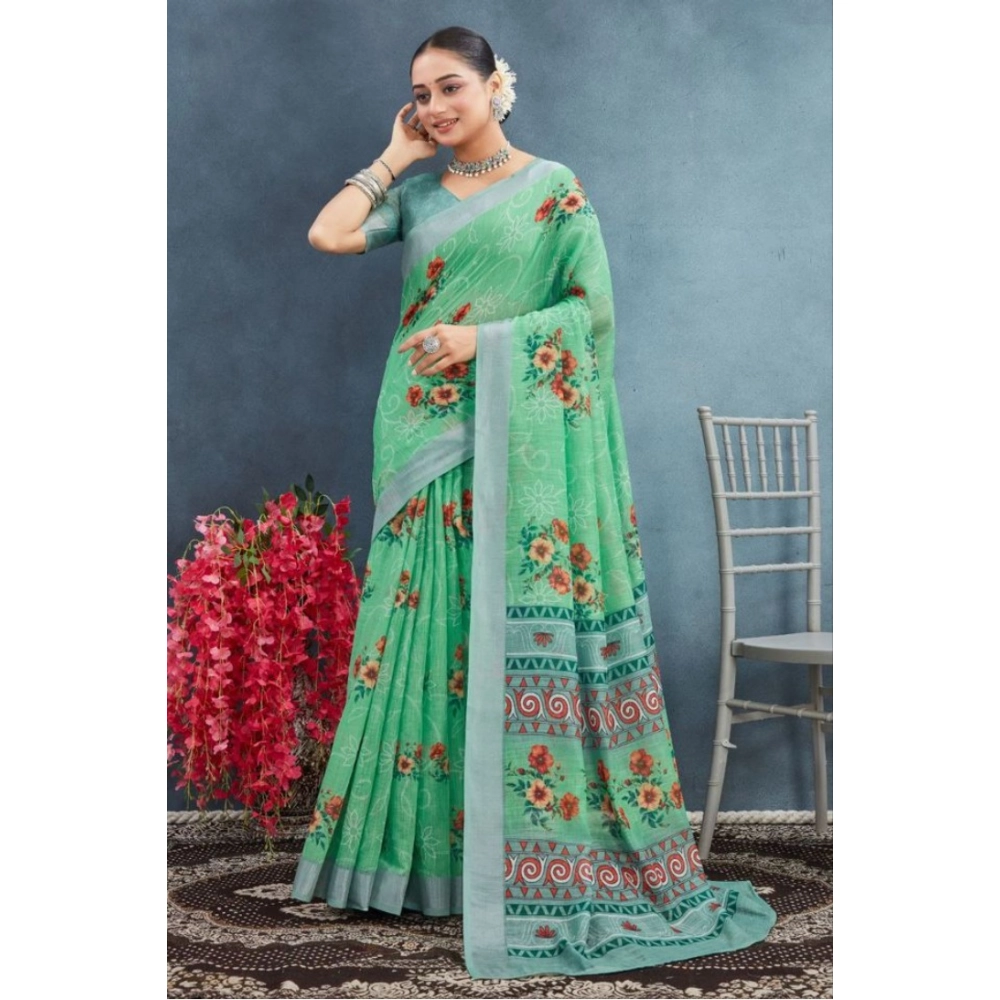 Generic Women's Linen Floral Printed Saree With Unstitched Blouse 5.5Mtr (Green) - Image 2