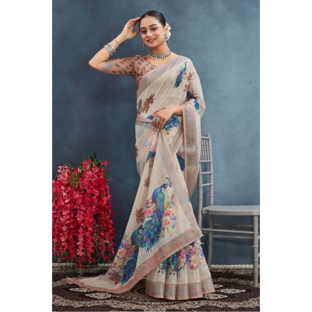 Generic Women's Linen Floral Printed Saree With Unstitched Blouse 5.5Mtr (Beige) - Image 3