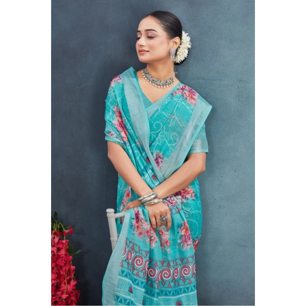 Generic Women's Linen Floral Printed Saree With Unstitched Blouse 5.5Mtr (Aqua) - Image 2