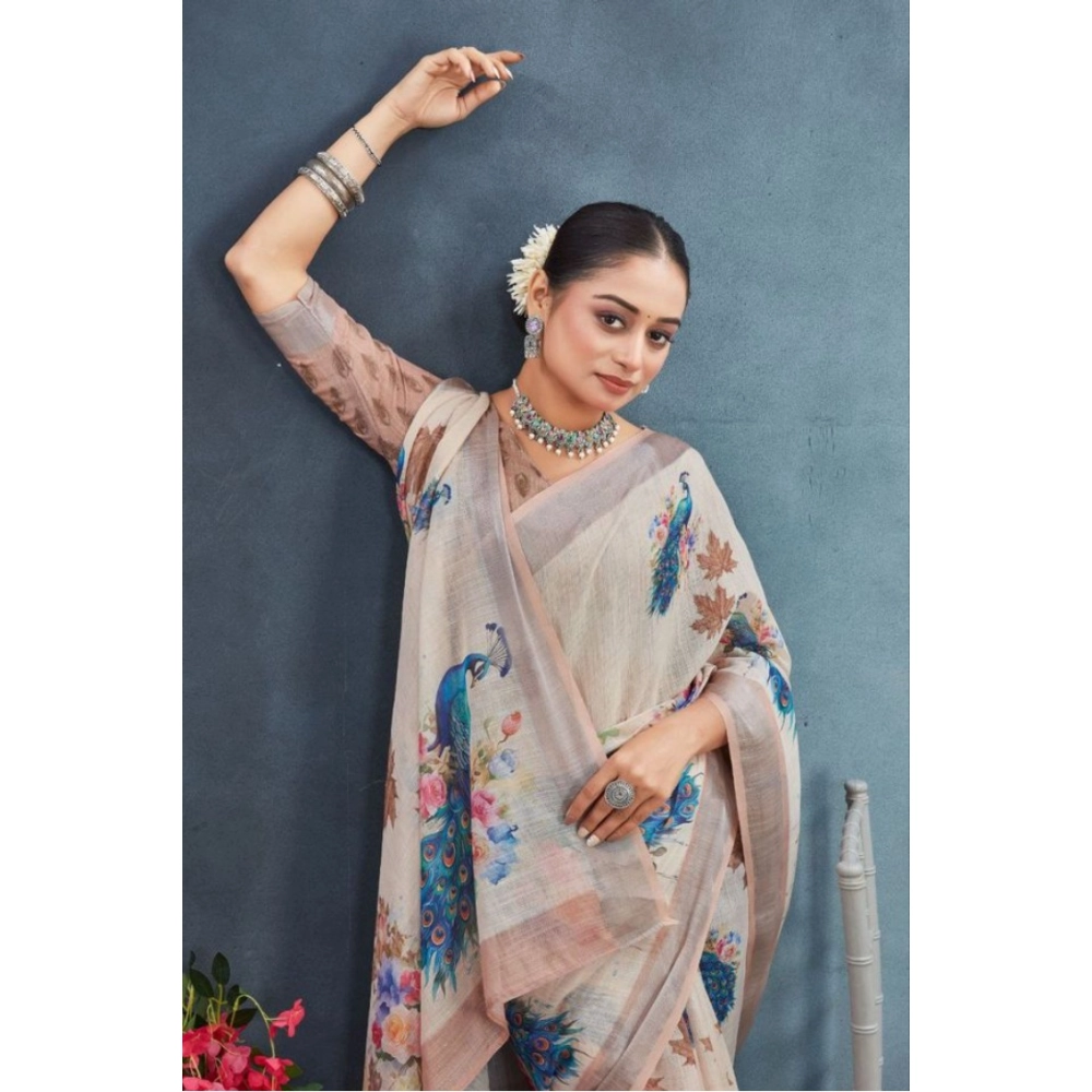 Generic Women's Linen Floral Printed Saree With Unstitched Blouse 5.5Mtr (Beige) - Image 2