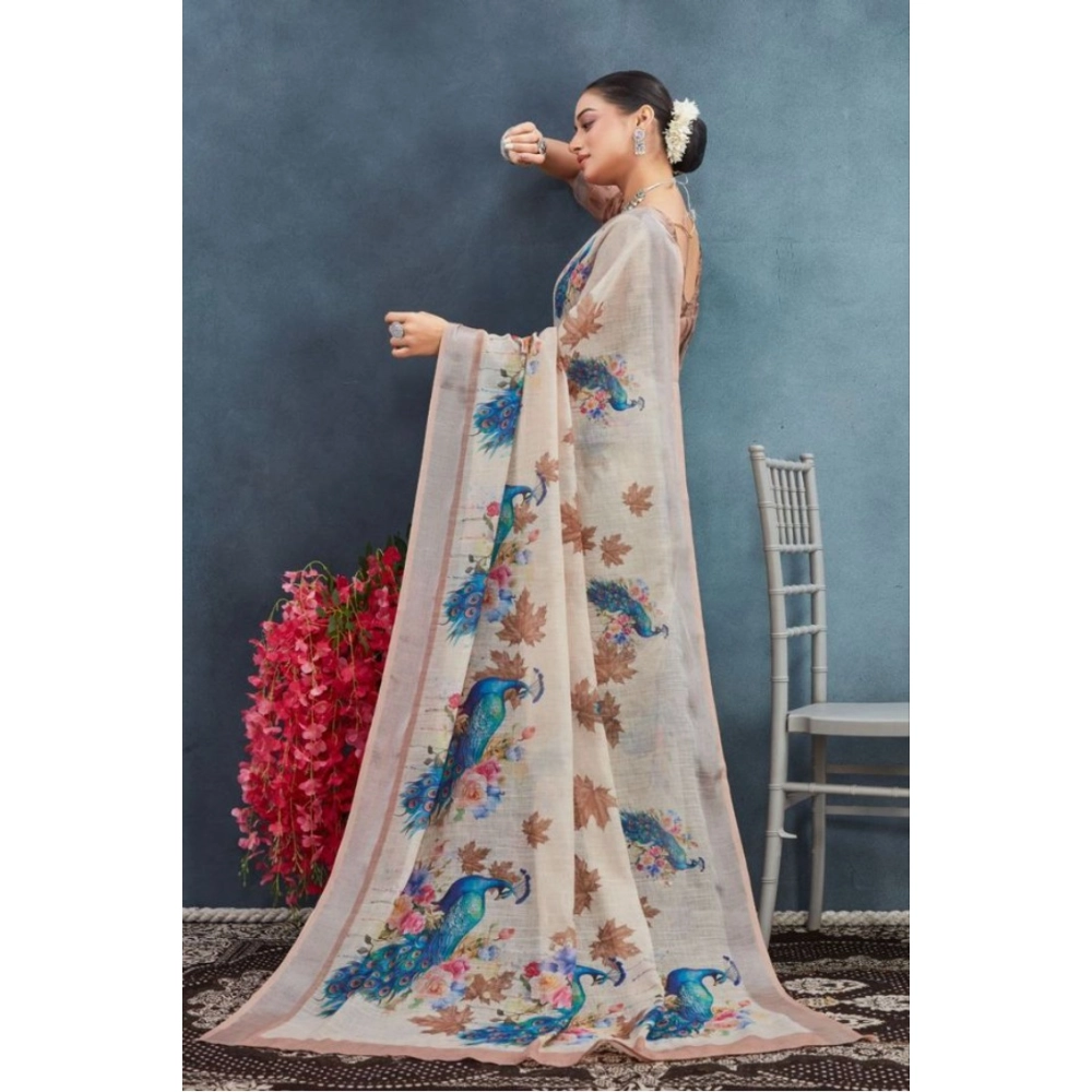 Generic Women's Linen Floral Printed Saree With Unstitched Blouse 5.5Mtr (Beige) - Image 4