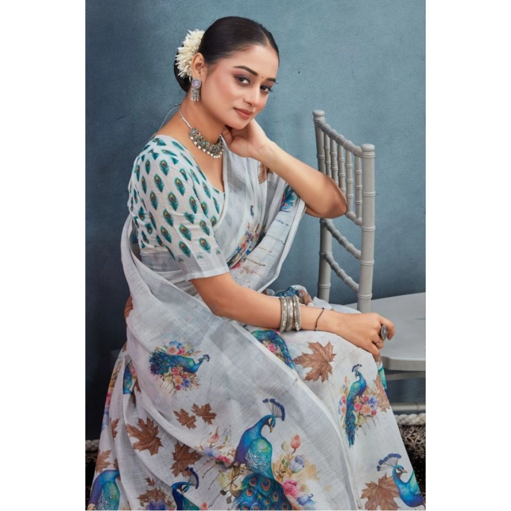 Generic Women's Linen Floral Printed Saree With Unstitched Blouse 5.5Mtr (Off-White) - Image 3