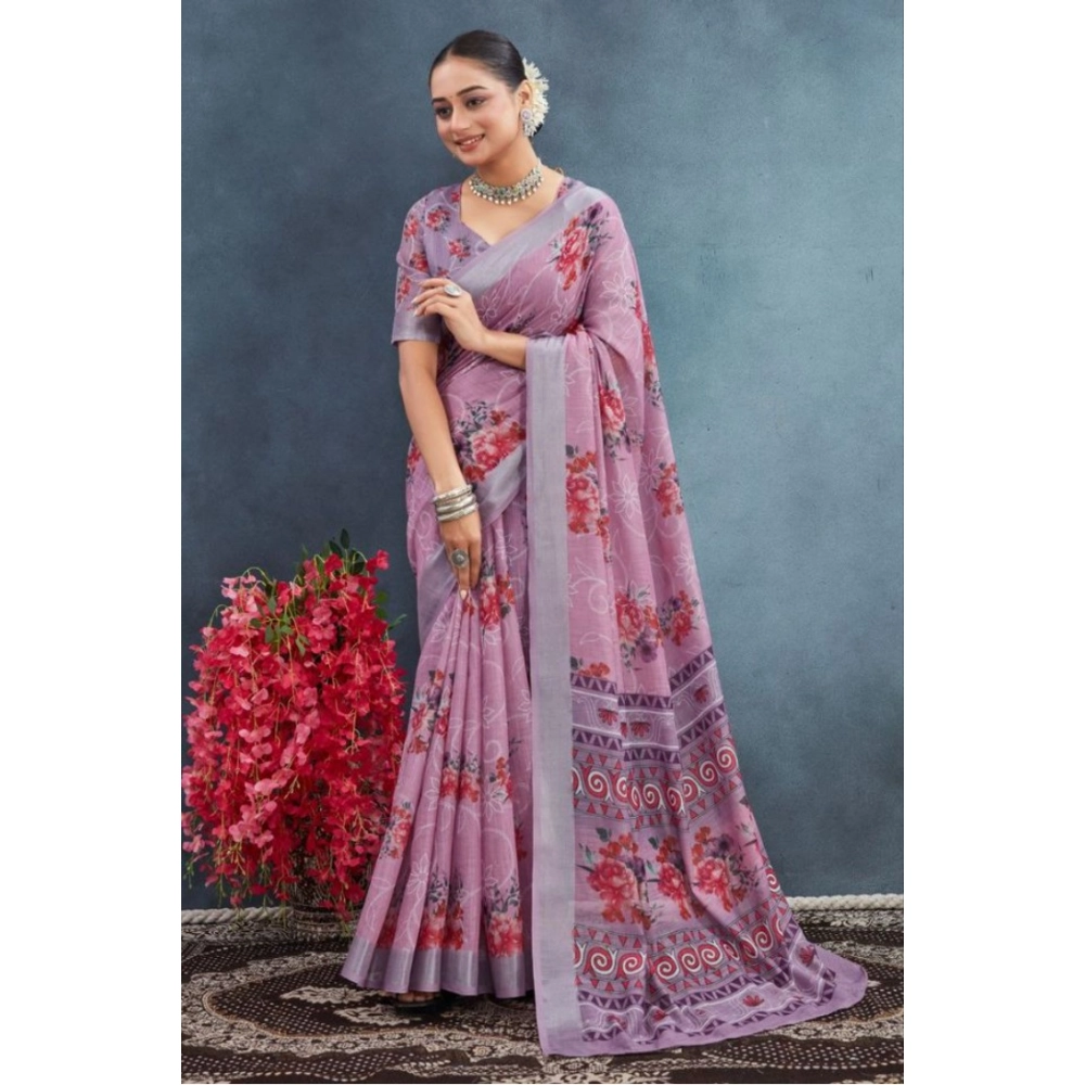 Generic Women's Linen Floral Printed Saree With Unstitched Blouse 5.5Mtr (Purple) - Image 2