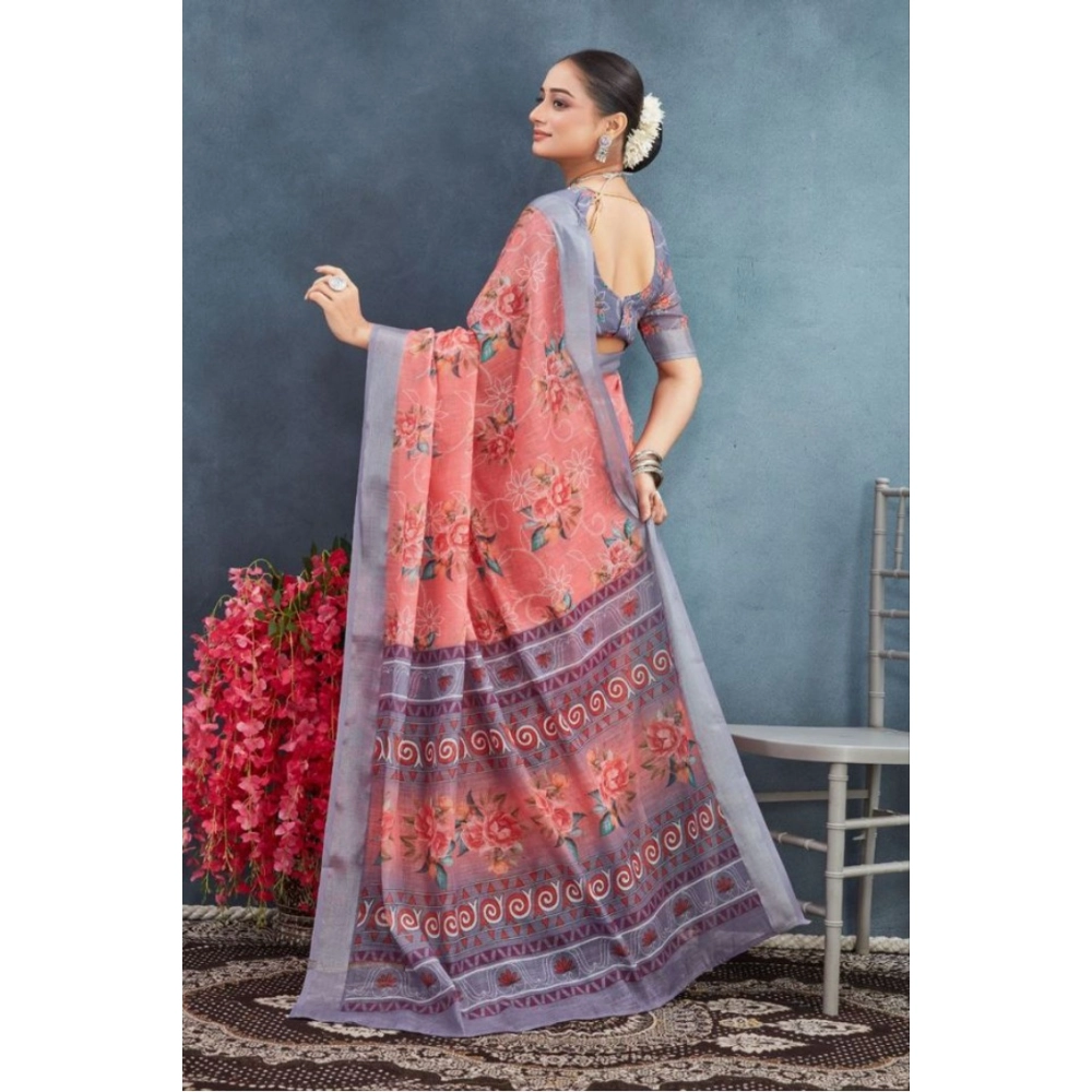 Generic Women's Linen Floral Printed Saree With Unstitched Blouse 5.5Mtr (Peach) - Image 3