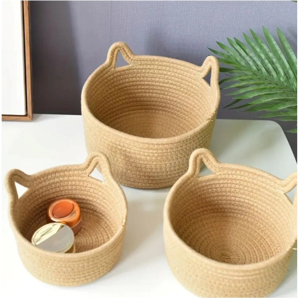 Generic Cotton Cat Basket Pack of 3 Storage Basket For Clothes (Brown) - Image 3