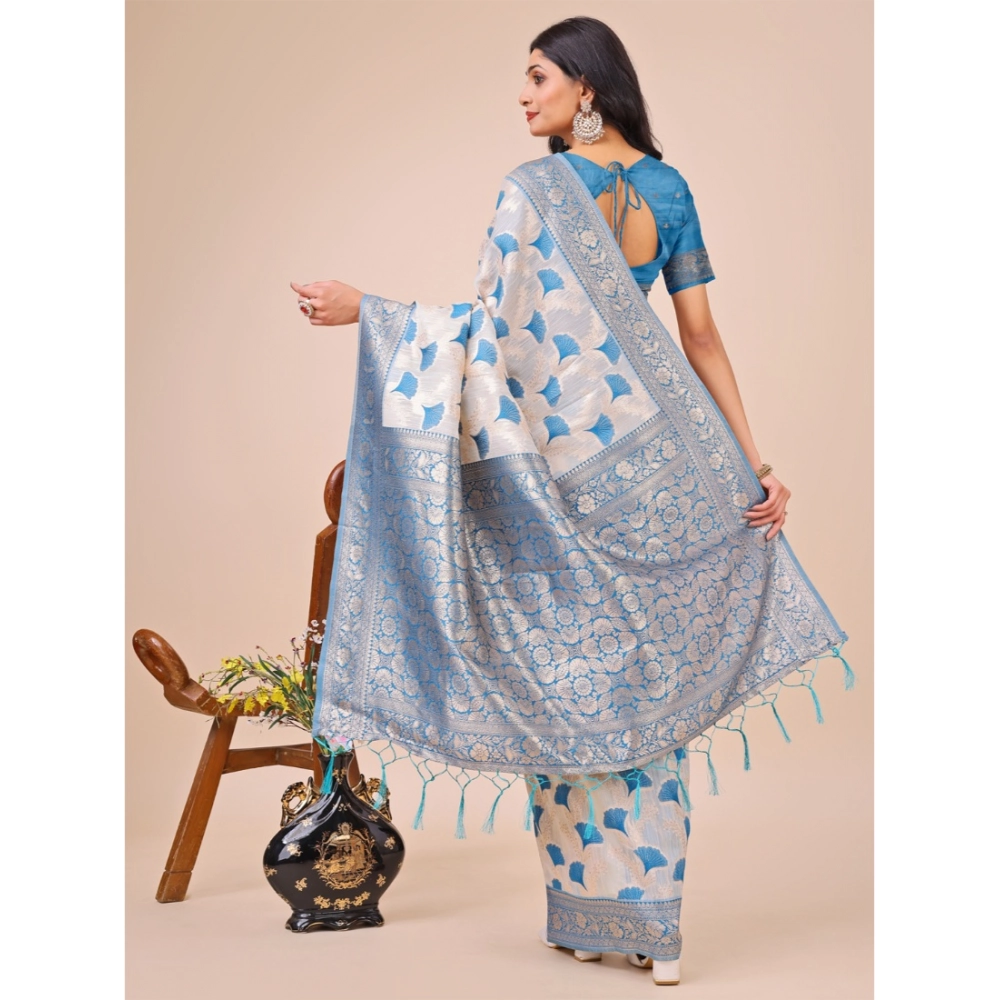 Generic Women's Linen Cotton Printed Saree With Unstitched Blouse 5.5Mtr (Sky Blue) - Image 3