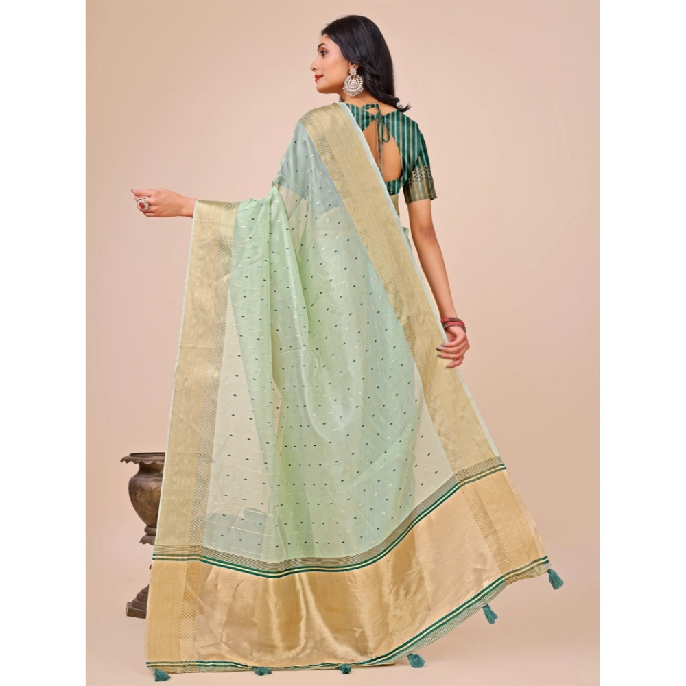 Generic Women's Organza Printed Saree With Unstitched Blouse 5.5Mtr (Olive Green) - Image 3