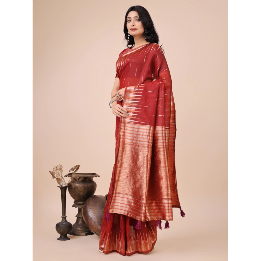 Generic Women's Linen Cotton Printed Saree With Unstitched Blouse 5.5Mtr (Red) - Image 2