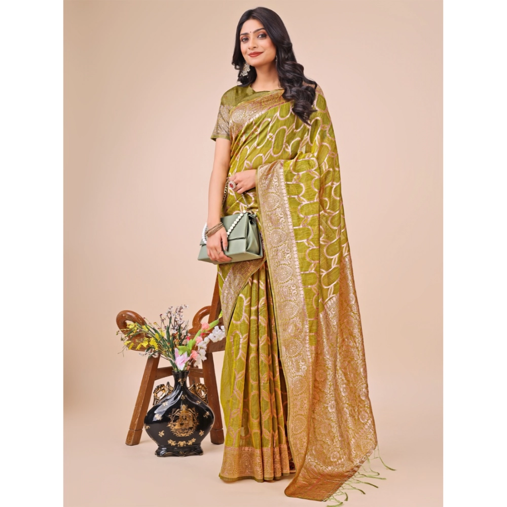 Generic Women's Linen Cotton Printed Saree With Unstitched Blouse 5.5Mtr (Olive Green) - Image 2