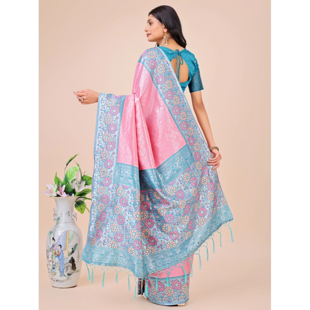 Generic Women's Lichi Silk Printed Saree With Unstitched Blouse 5.5Mtr (Pink) - Image 3