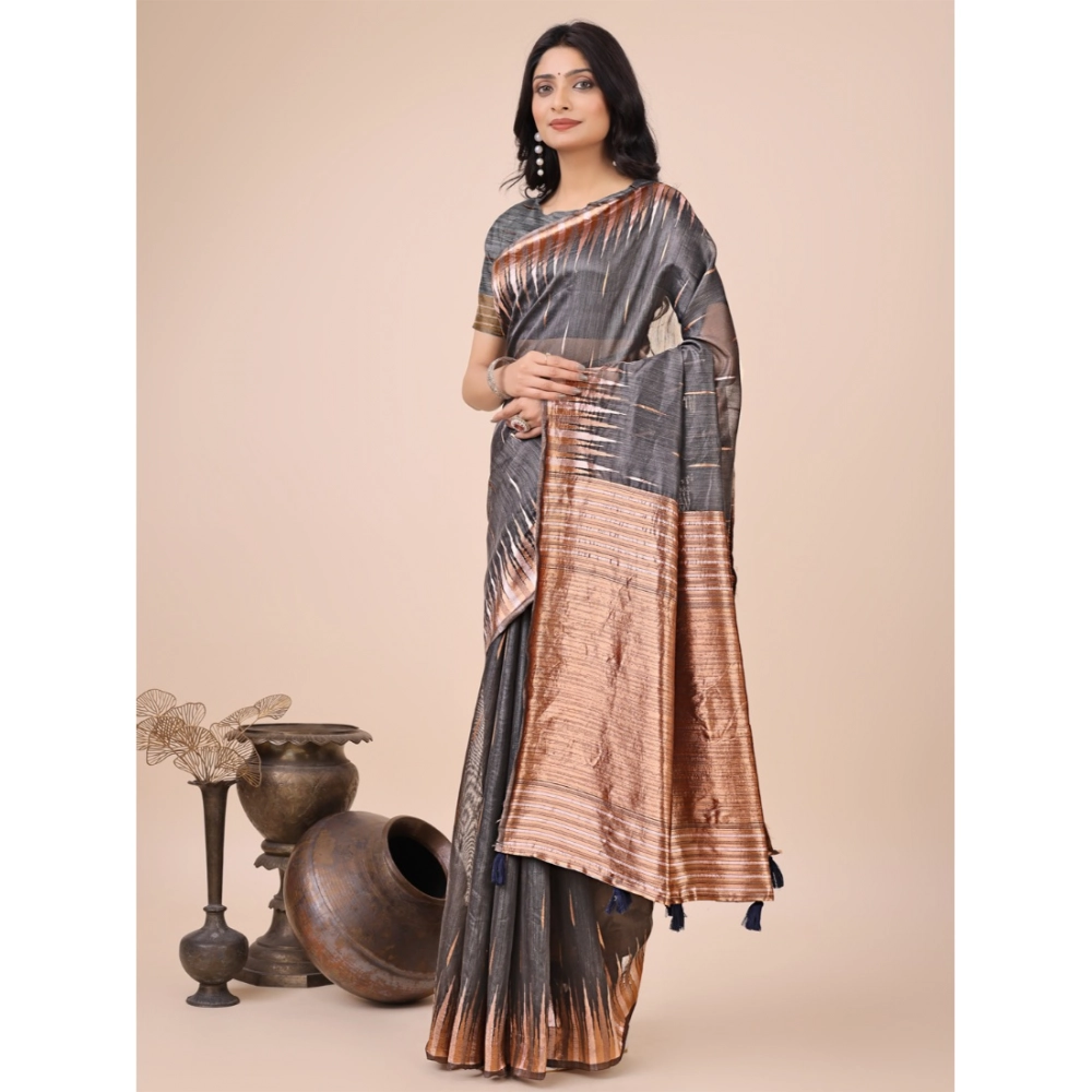 Generic Women's Linen Cotton Printed Saree With Unstitched Blouse 5.5Mtr (Grey) - Image 2